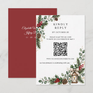 Pine Berries Winter Christmas Wedding QR Code RSVP Card