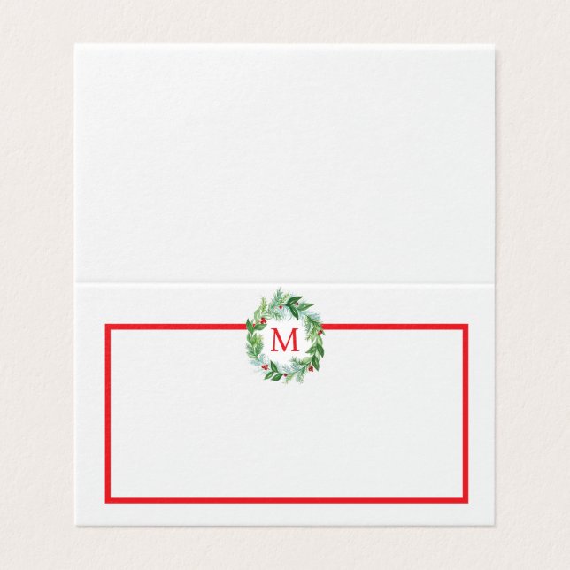 Pine Berries Wreath Monogram Christmas PLACECARD (Outside Unfolded)