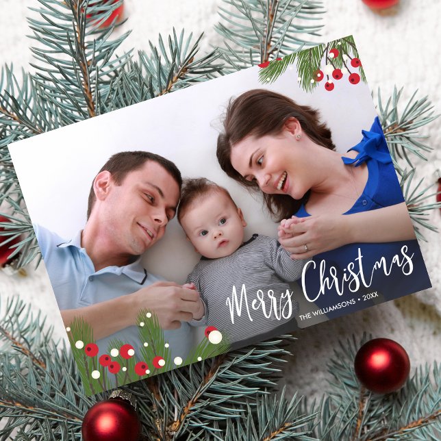 Pine Berry Botanical Merry Christmas Holiday Photo Card (Creator Uploaded)