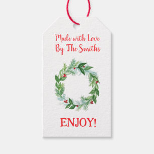 Pine Berry Watercolo Holiday Wreath MADE WITH LOVE Gift Tags