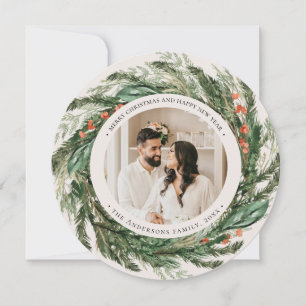 Pine & Berry Watercolor Photo Round Christmas  Card