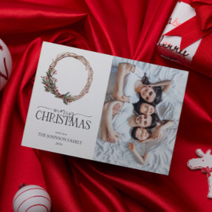 Pine Berry Wreath Merry Christmas Script Photo Hol Holiday Card