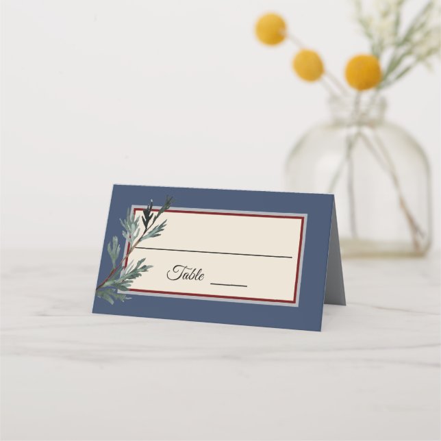 Pine Blue Winter Wedding Place Card Tent (Front)