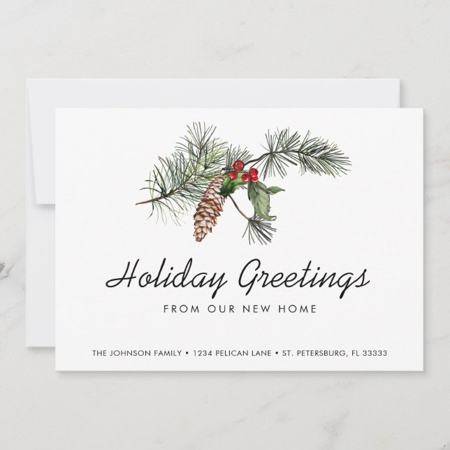 Pine Bough Christmas Berries Holiday Moving Announcement (Front)
