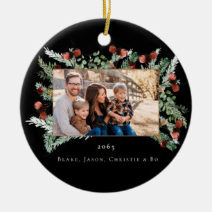 Pine Boughs & Berries Photo Black Christmas Cerami Ceramic Ornament