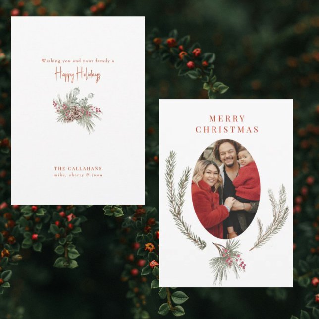 Pine Boughs & Berries Photo Christmas  Holiday Card (Creator Uploaded)