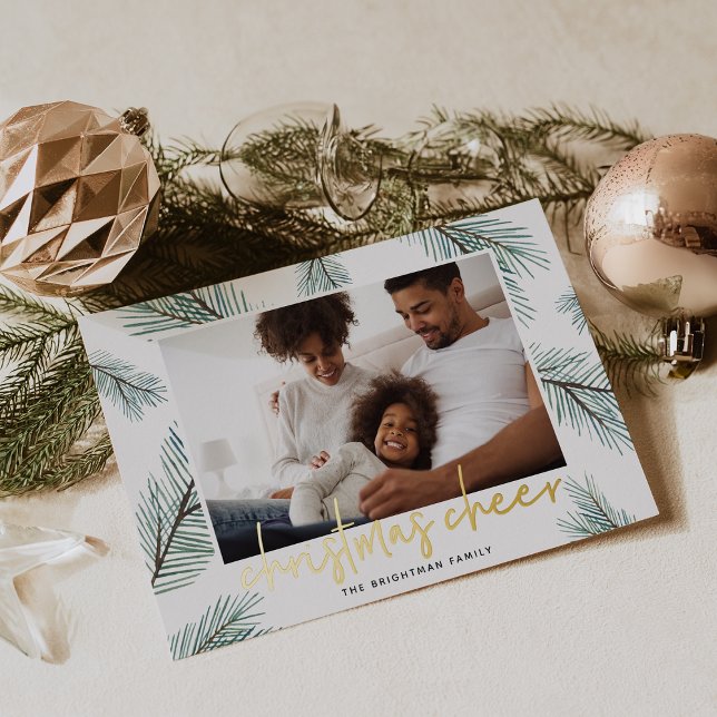 Pine Boughs | Christmas Cheer Photo Foil Holiday Card (Creator Uploaded)