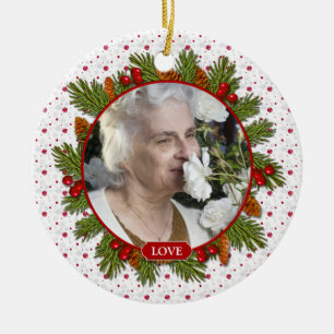 Pine Boughs Holly Berries Memorial Photo Christmas Ceramic Ornament