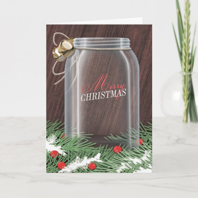 Pine Boughs Rustic Mason Jar Christmas Cards (Front)