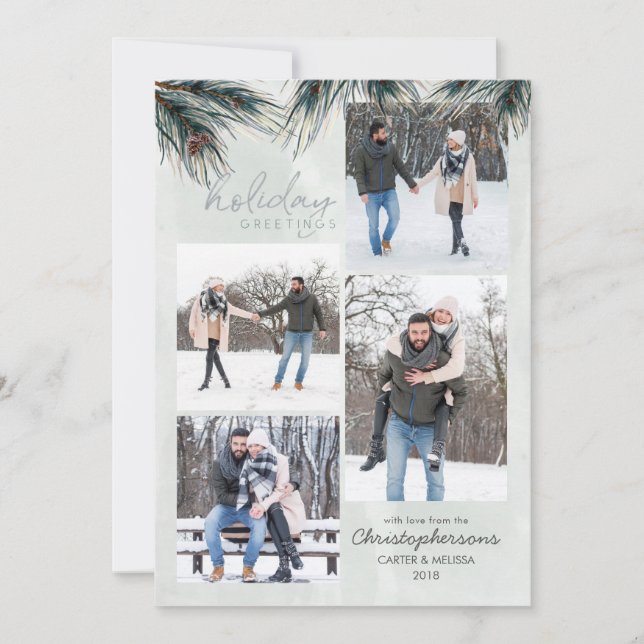 Pine Boughs Watercolor HOLIDAY GREETINGS 4 Photos (Front)