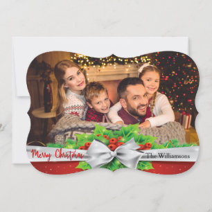 Pine Bow With Holly Photo Fancy Cut Christmas Holiday Card