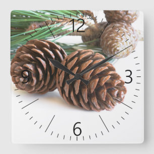 Pine branch and cones square wall clock