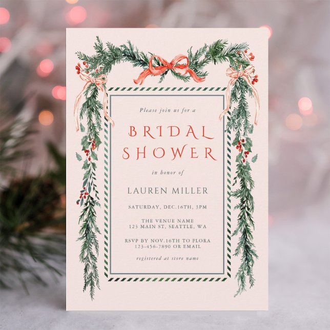 Pine Branch Frame Christmas Bridal Shower Pink Invitation (Creator Uploaded)