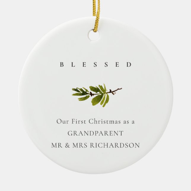 Pine Branch Our First Christmas Photo Blessed Ceramic Ornament (Front)