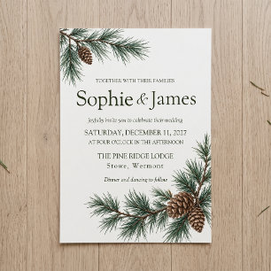 Pine Branch Pinecone Forest Green Wedding Invitation