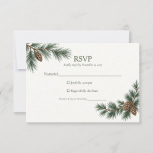 Pine Branch Pinecone Forest Green Wedding RSVP Card