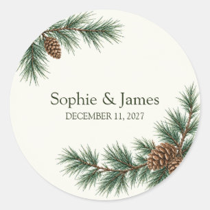 Pine Branch Pinecone Wedding Classic Round Sticker