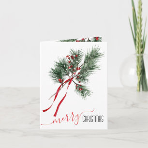 Pine Branch Red Berries And Ribbon Holiday Card