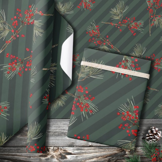 Pine Branch Red Ilex Berries Forest Green Stripe Wrapping Paper (Creator Uploaded)