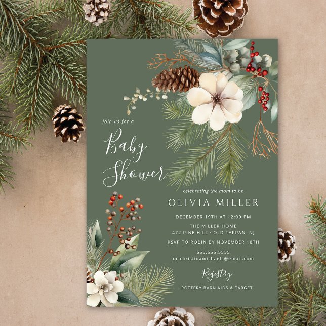 Pine Branch Winter Botanical Baby Shower  Invitation (Creator Uploaded)