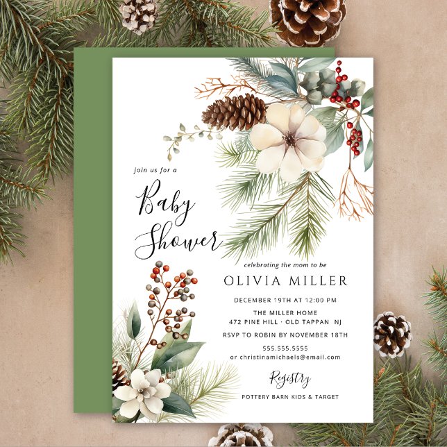 Pine Branch Winter Botanical Baby Shower  Invitation (Creator Uploaded)