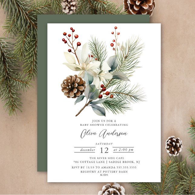 Pine Branch Winter Botanical Baby Shower Invitation (Creator Uploaded)