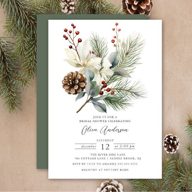 Pine Branch Winter Botanical Bridal Shower Invitation (Creator Uploaded)