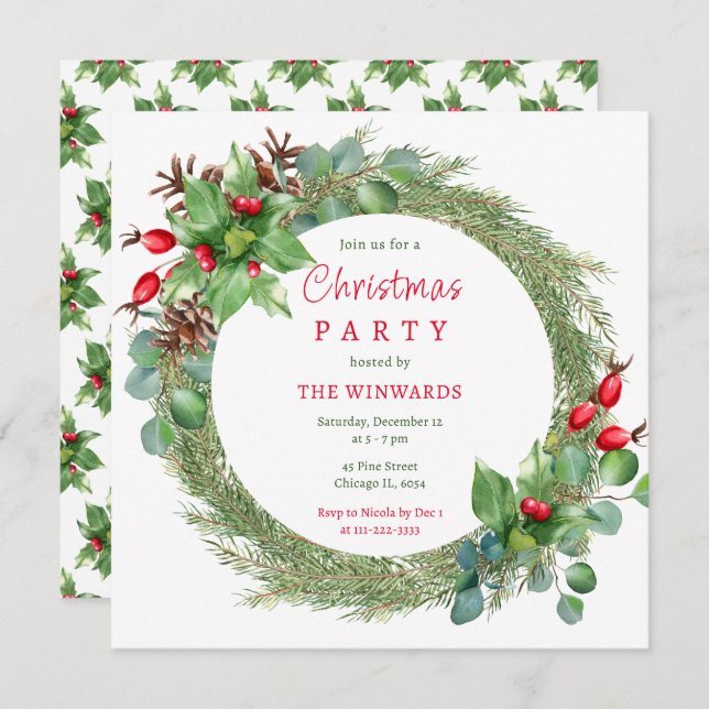 Pine Branches and Berries Christmas Party  Invitation (Front/Back)