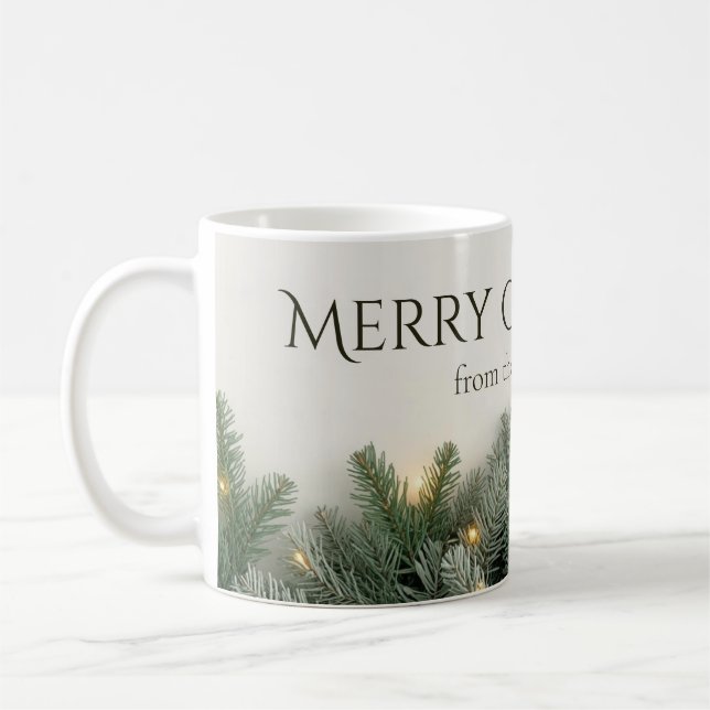 Pine Branches and Christmas Lights Custom Name Coffee Mug (Left)