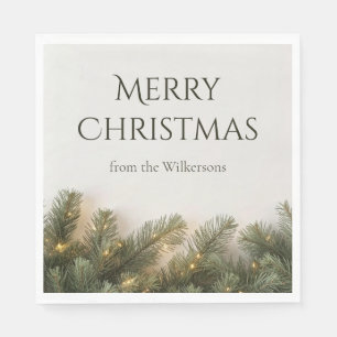 Pine Branches and Christmas Lights Custom Name Napkin