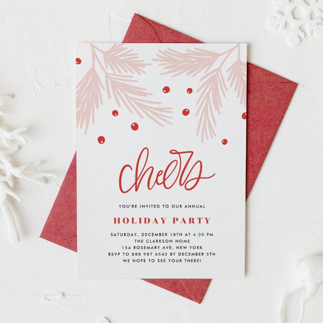 Pine Branches and Holly Berries Pink Holiday Party Invitation (Creator Uploaded)