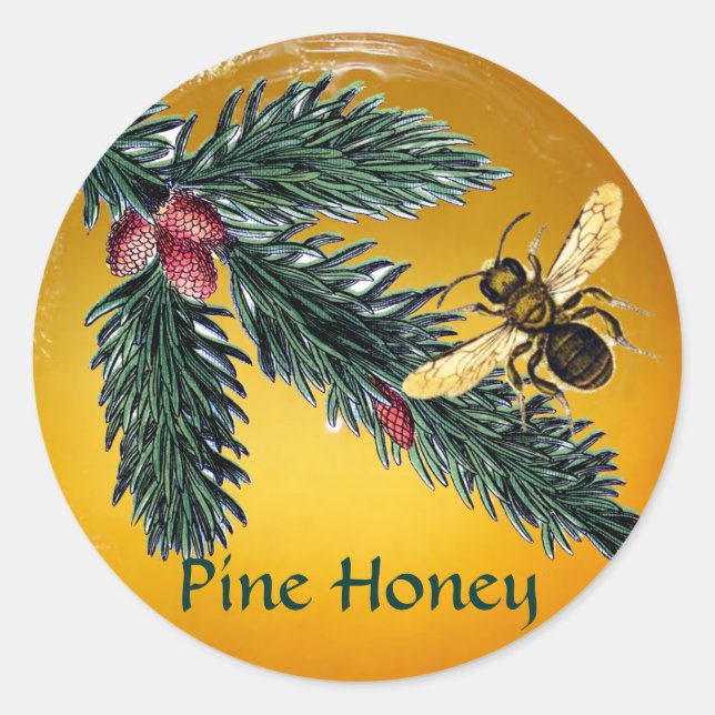 PINE BRANCHES AND HONEY BEE / BEEKEEPER BEEKEEPING CLASSIC ROUND STICKER (Front)