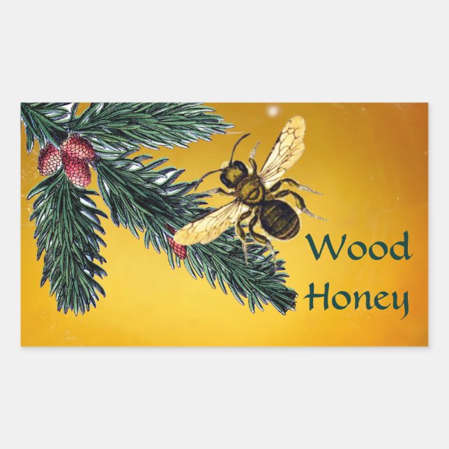 PINE BRANCHES AND HONEY BEE / BEEKEEPER BEEKEEPING RECTANGULAR STICKER (Front)