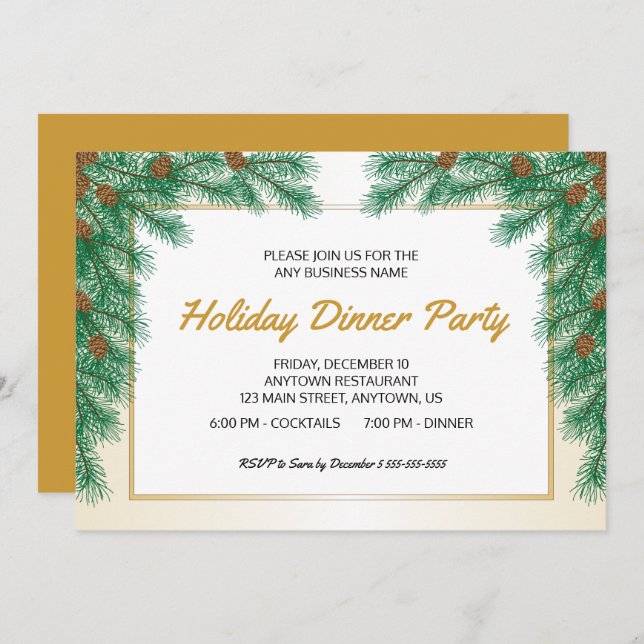 Pine Branches Business Christmas Dinner Party Invitation (Front/Back)