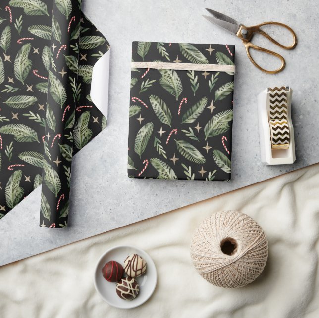 Pine Branches, Candy Canes and Stars Xmas Pattern Wrapping Paper (Crafts)