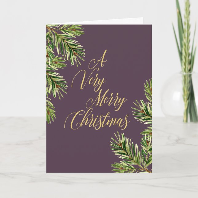 Pine Branches I Calligraphy Merry Christmas Holiday Card (Front)