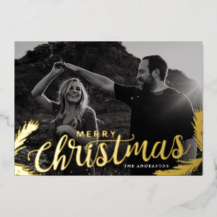 Pine Branches Merry Christmas Photo Gold Foil Holiday Card