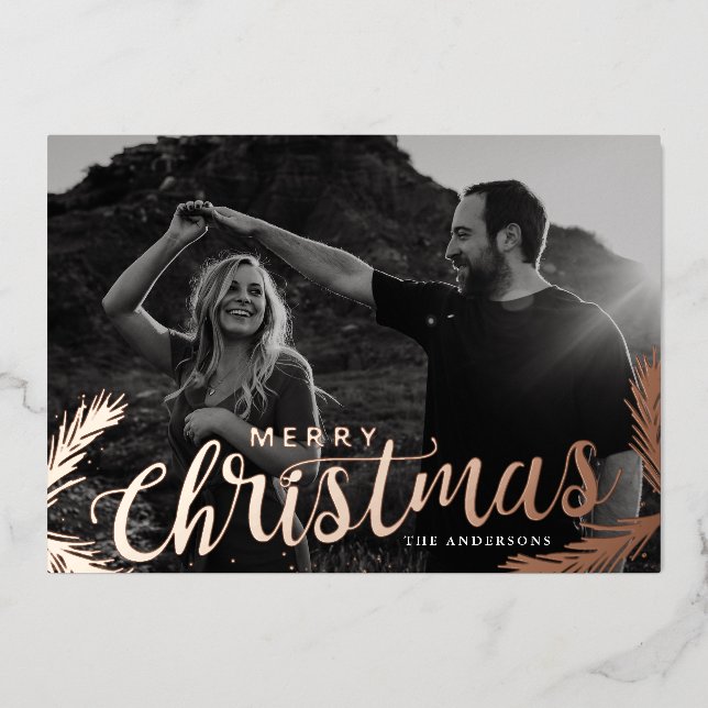 Pine Branches Merry Christmas Photo Rose Gold Foil Holiday Card (Front)