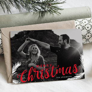 Pine Branches Merry Christmas Red Script Overlay Holiday Card