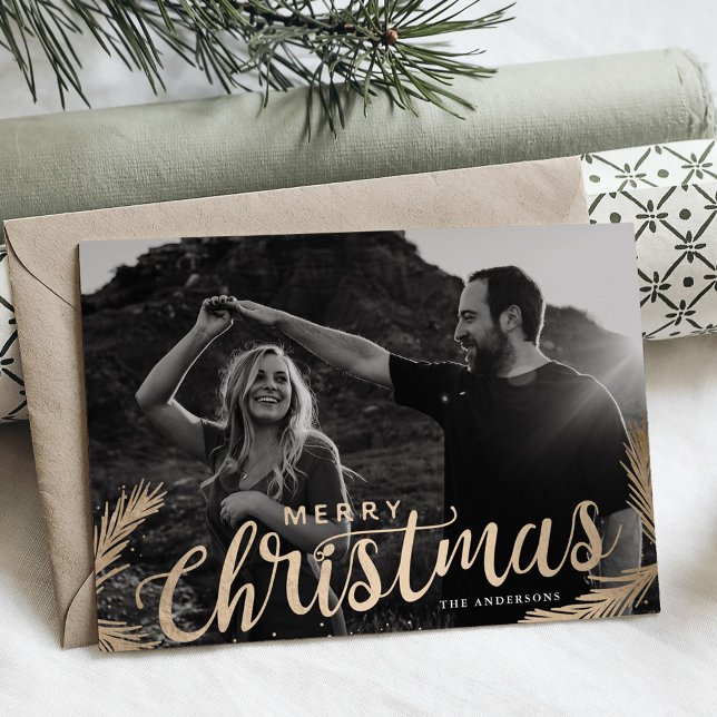 Pine Branches Merry Christmas Script Overlay Holiday Card (Creator Uploaded)
