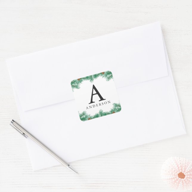Pine Branches Pine Cones Monogram Christmas Square Sticker (Envelope)