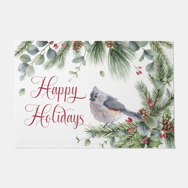 Pine Branches Pine Cones Titmouse Berries Doormat (Front)
