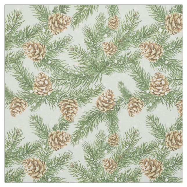 Pine Branches & Pine Cones Watercolor Pattern Fabric (Swatch)