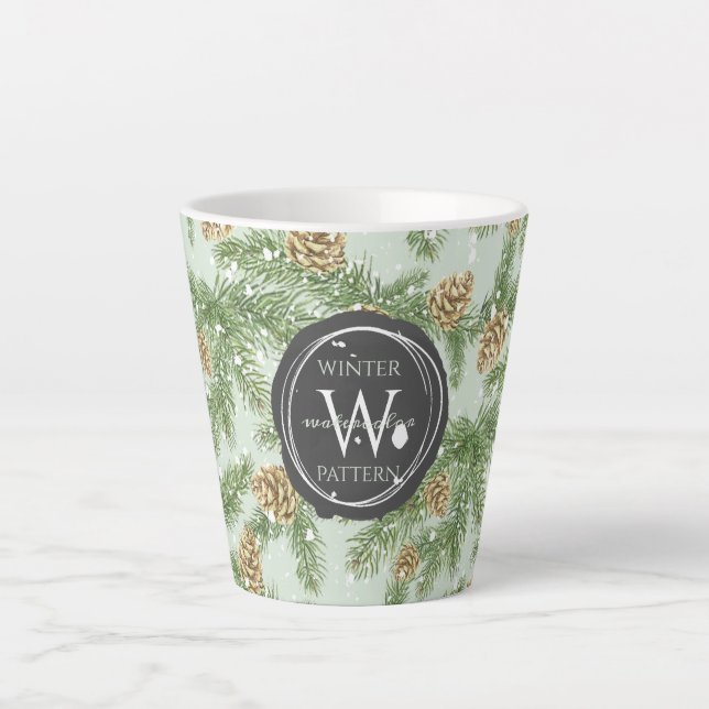 Pine Branches & Pine Cones Watercolor Pattern Latte Mug (Front)