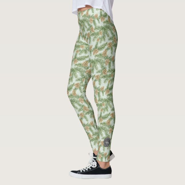 Pine Branches & Pine Cones Watercolor Pattern Leggings (Left)