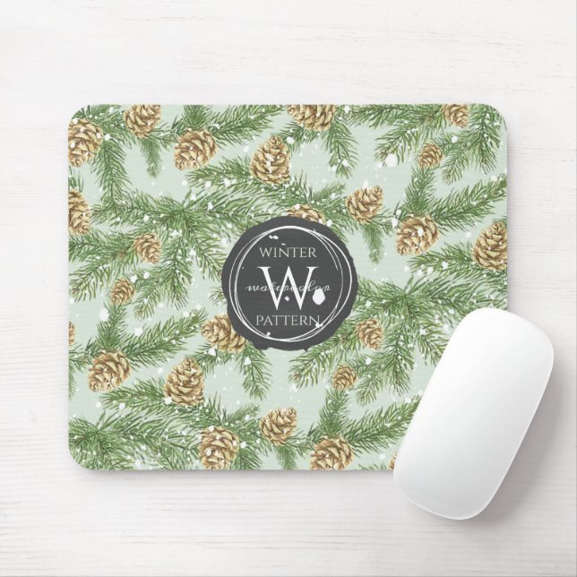 Pine Branches & Pine Cones Watercolor Pattern Mouse Pad (With Mouse)