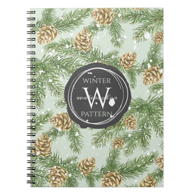 Pine Branches & Pine Cones Watercolor Pattern Notebook (Front)