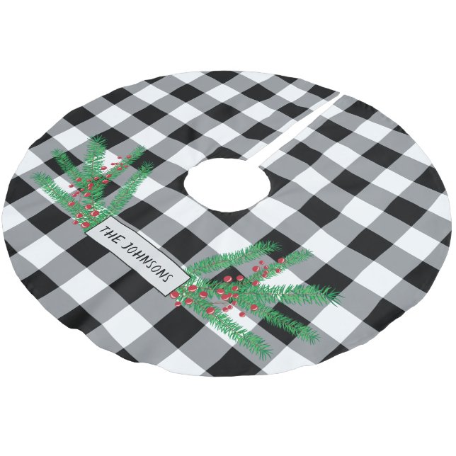 Pine Branches , Red Berries , Buffalo Check Brushed Polyester Tree Skirt (Angled)