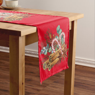 Pine Christmas Cinnamon Candy Cane Watercolor Short Table Runner