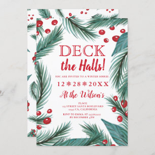 Pine Christmas mistletoe watercolor deck the halls Invitation